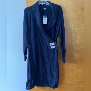 Brand New Chaps Faux-Wrap Dress. Size Large. Navy Blue. Buckle Detail.